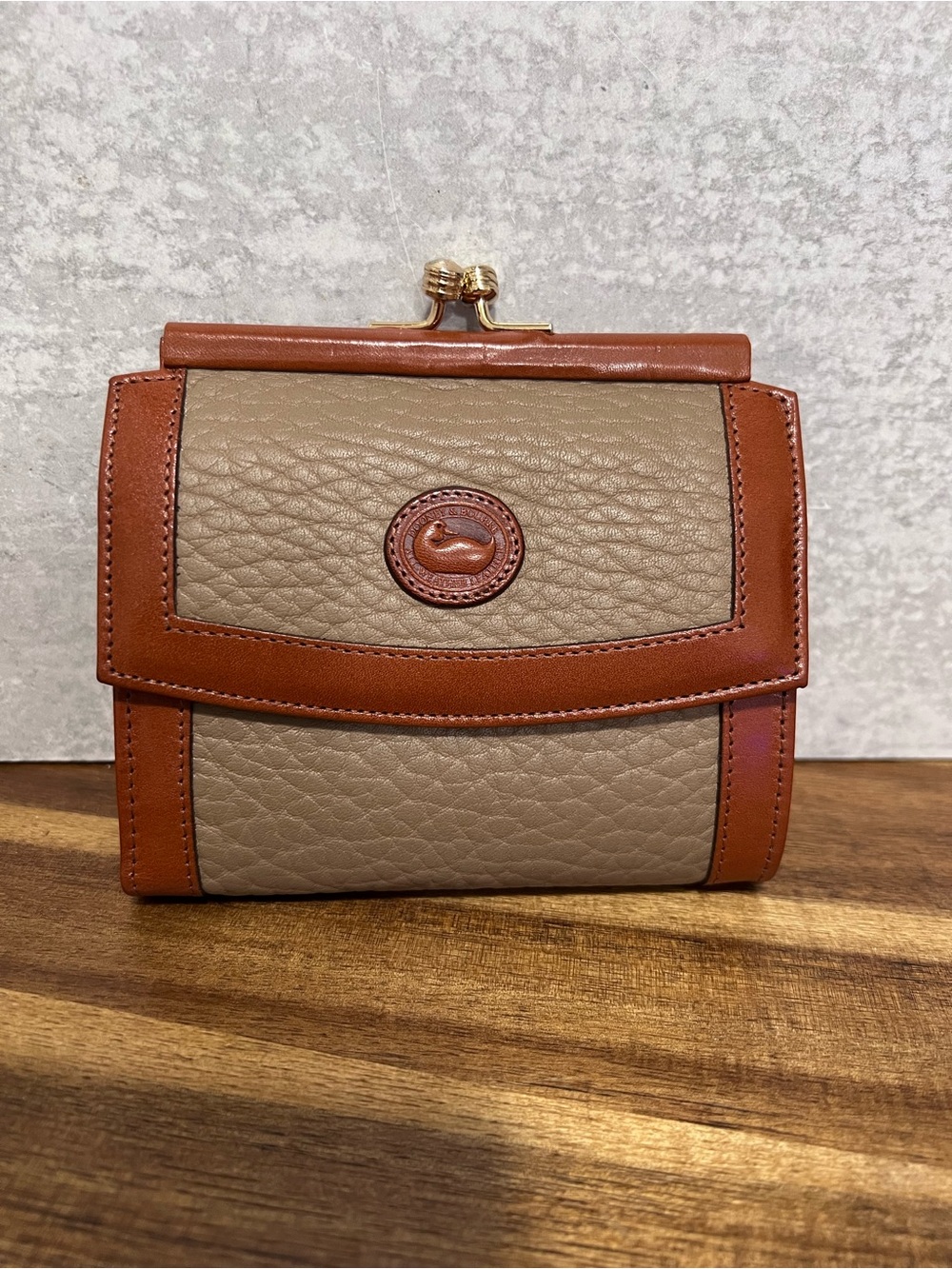 Dooney & Bourke Taupe Wallet with Brown Trim and Gold Clasp